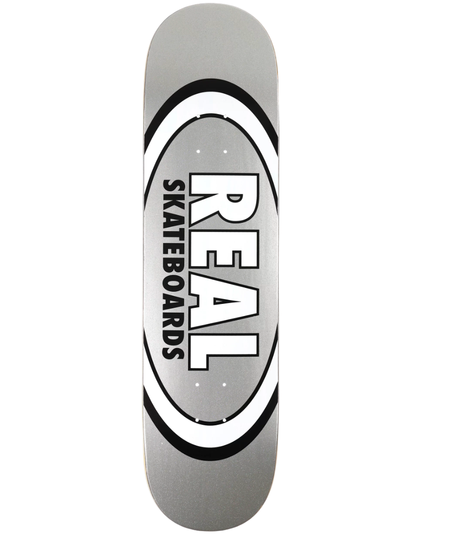 Gray skateboard deck with 'Real Skateboards' logo on a white background