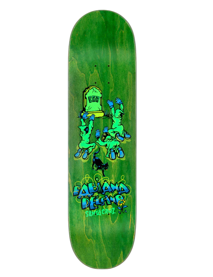 Green skateboard deck with cartoon characters and text on a white background