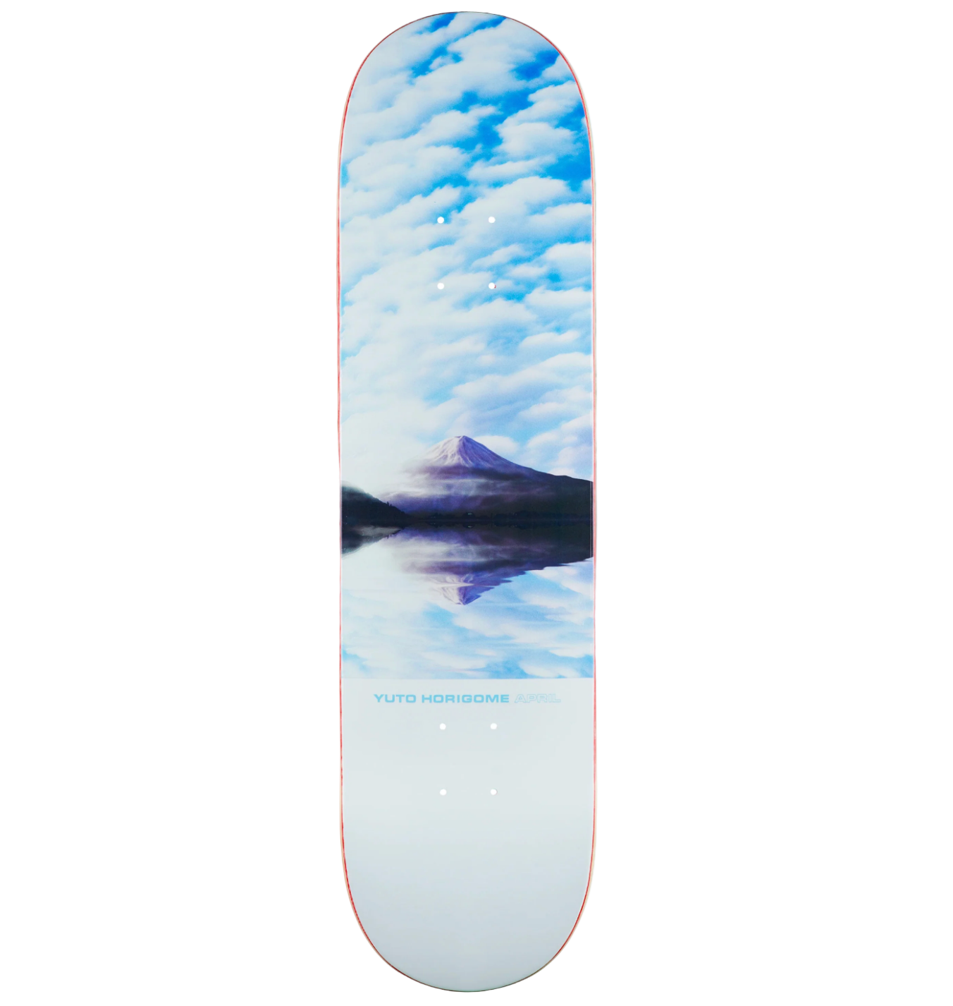 Skateboard deck with cloud pattern and reflection design on a white background
