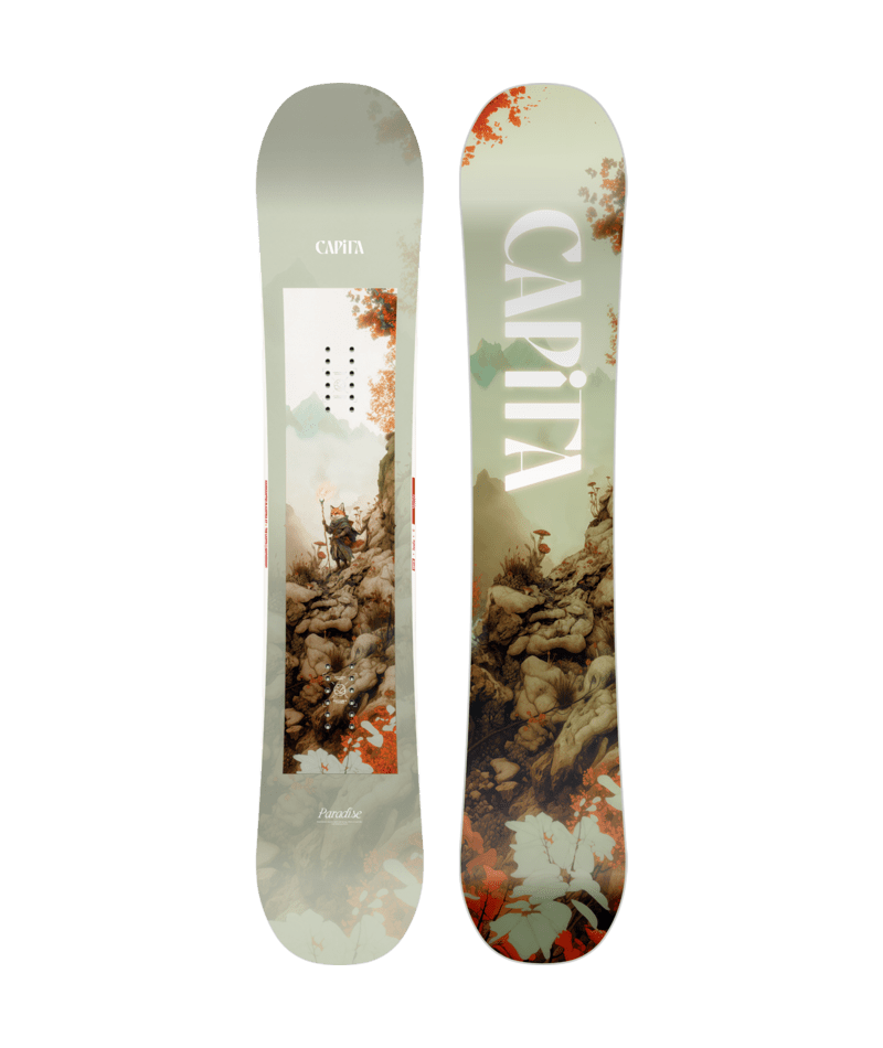 CAPiTA snowboard with mountain and forest design on a green background