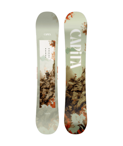 CAPiTA snowboard with mountain and forest design on a green background