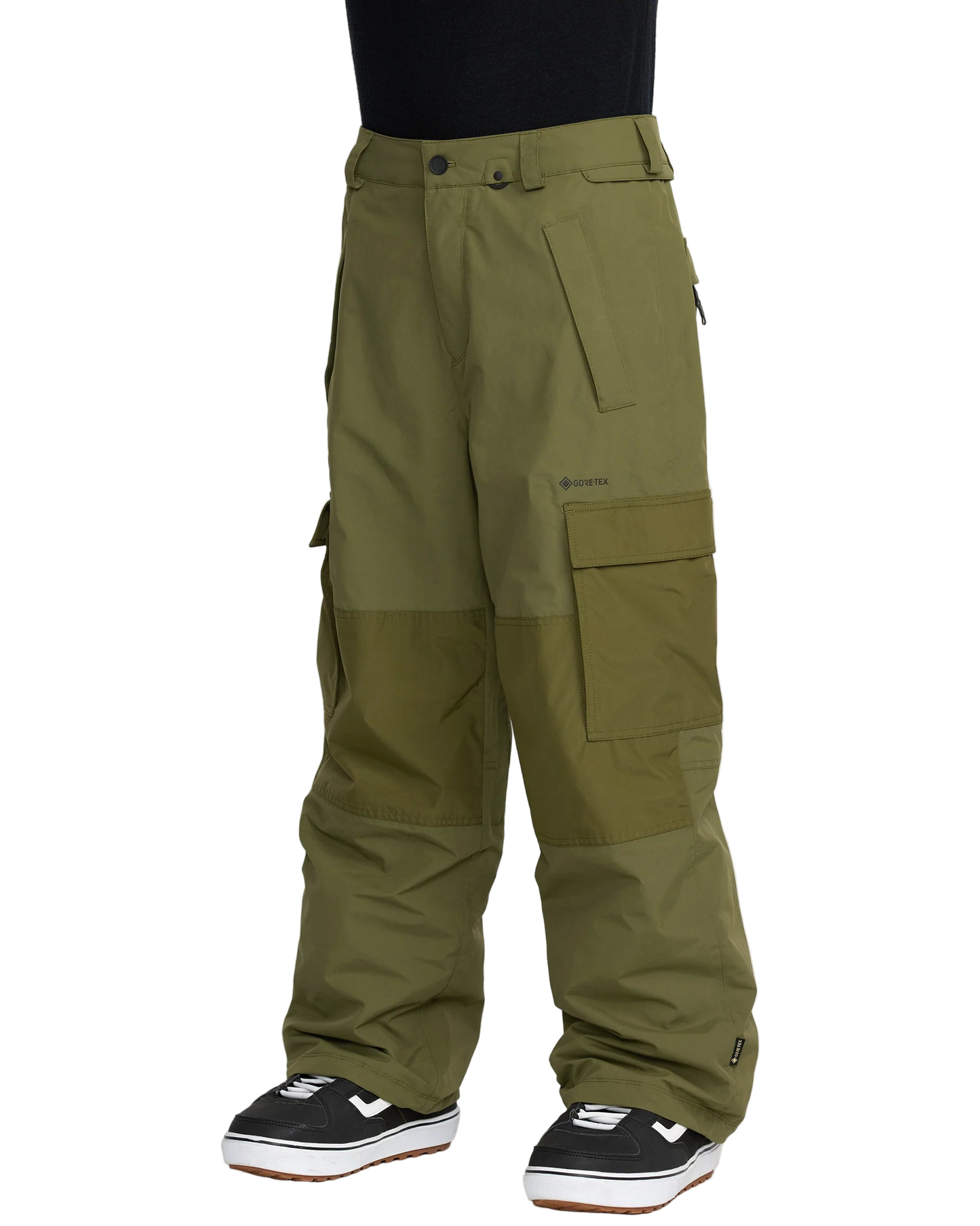 Green cargo snowboard pants on a white background