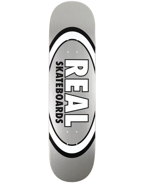 Gray skateboard deck with 'Real Skateboards' logo on a white background