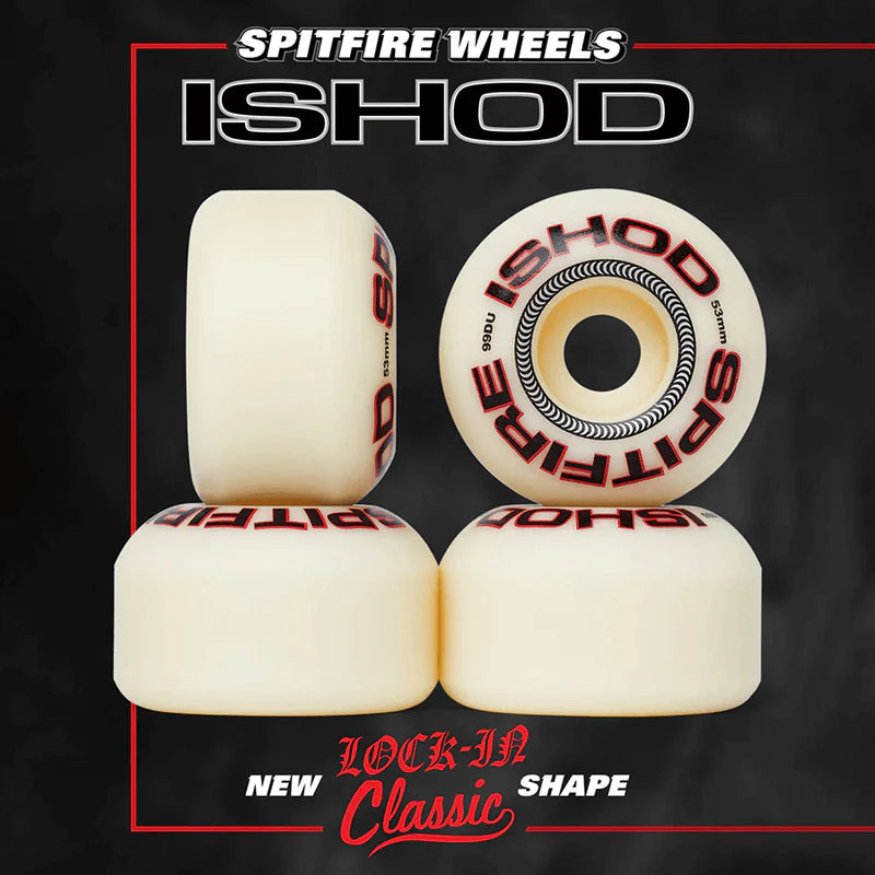 Spitfire Wheels Ishod wheels on a black background with branding and product details.