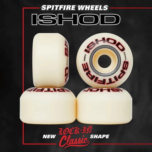 Spitfire Wheels Ishod wheels on a black background with branding and product details.