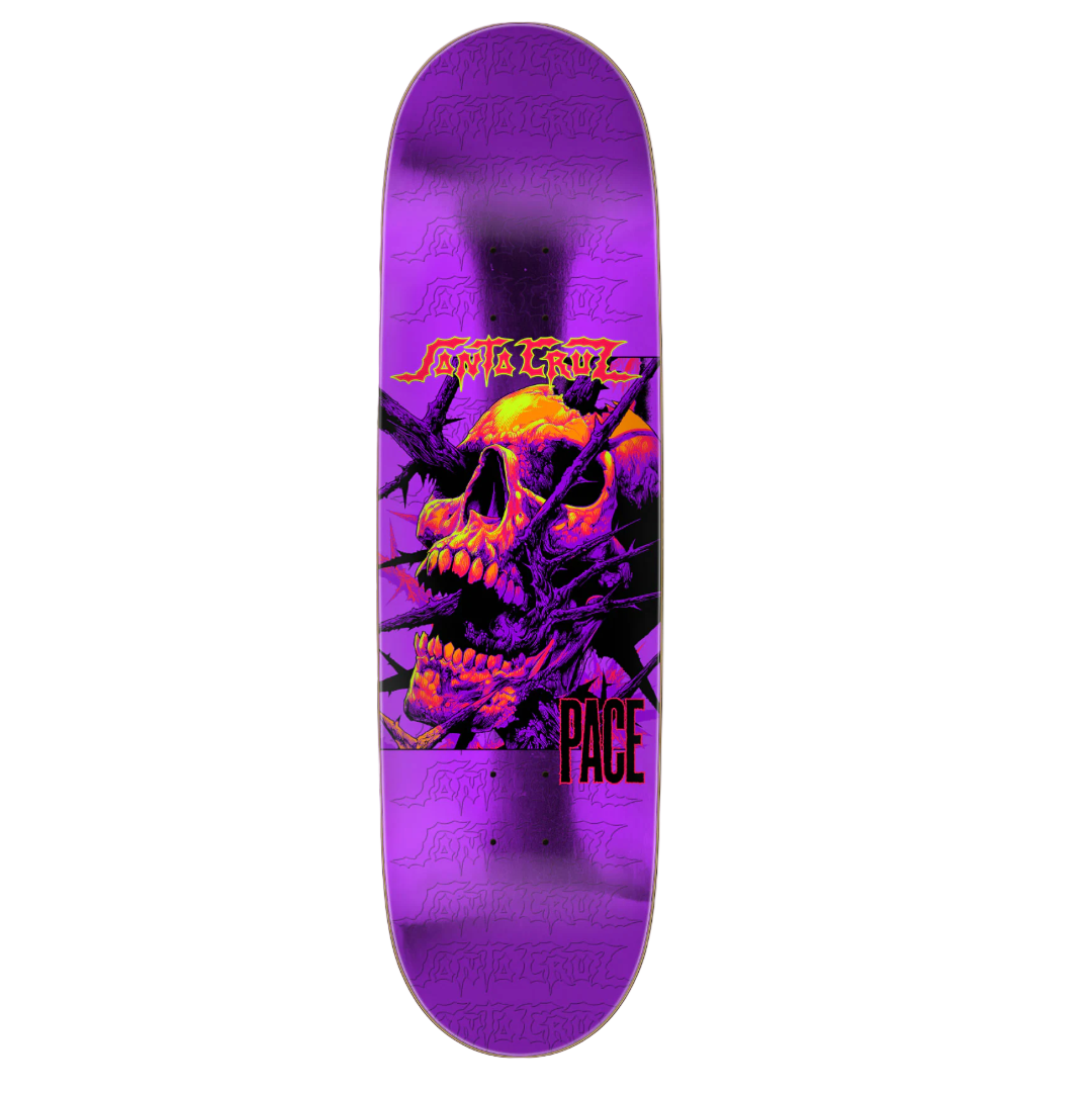 Skateboard deck with a purple and black design featuring a skull and the brand 'Santa Cruz' on a white background.