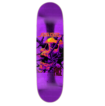 Skateboard deck with a purple and black design featuring a skull and the brand 'Santa Cruz' on a white background.