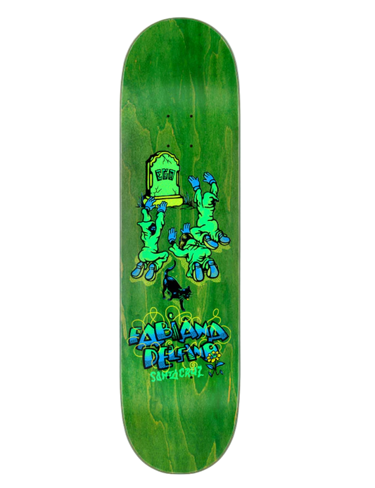 Green skateboard deck with cartoon characters and text on a white background