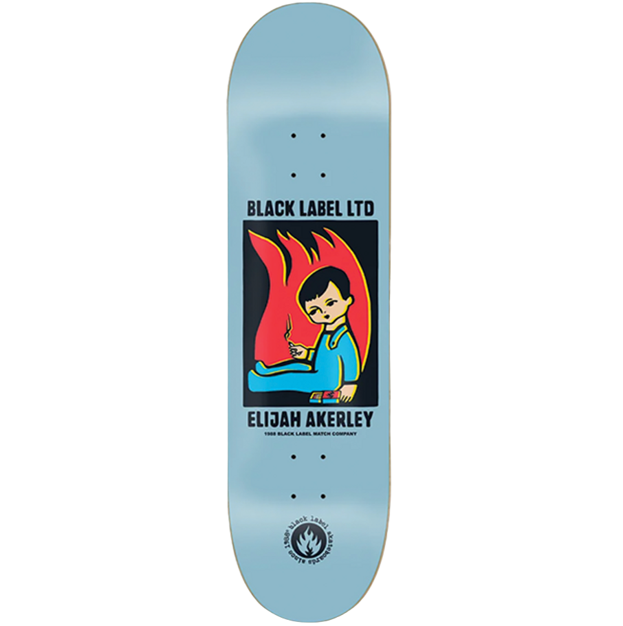 Skateboard deck with a graphic design featuring a person and flames, branded 'Black Label LTD' and 'Elijah Akerley'.