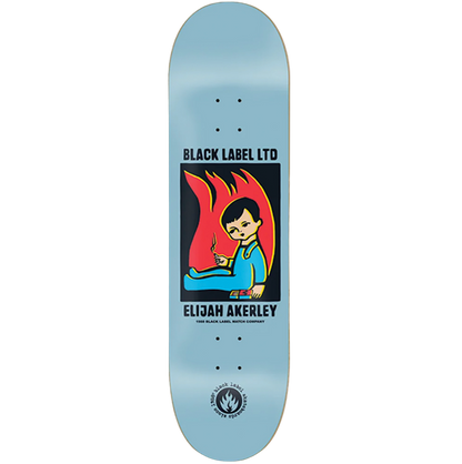 Skateboard deck with a graphic design featuring a person and flames, branded 'Black Label LTD' and 'Elijah Akerley'.