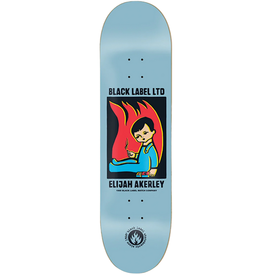 Skateboard deck with a graphic design featuring a person and flames, branded 'Black Label LTD' and 'Elijah Akerley'.
