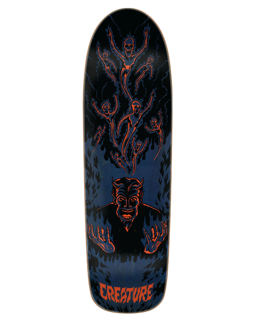 Skateboard deck with black and red graphics on a white background