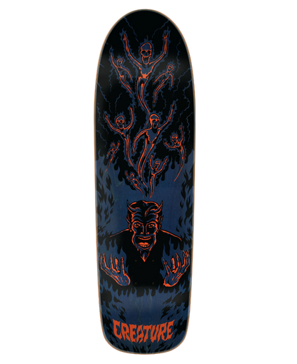 Skateboard deck with black and red graphics on a white background