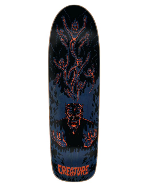 Skateboard deck with black and red graphics on a white background