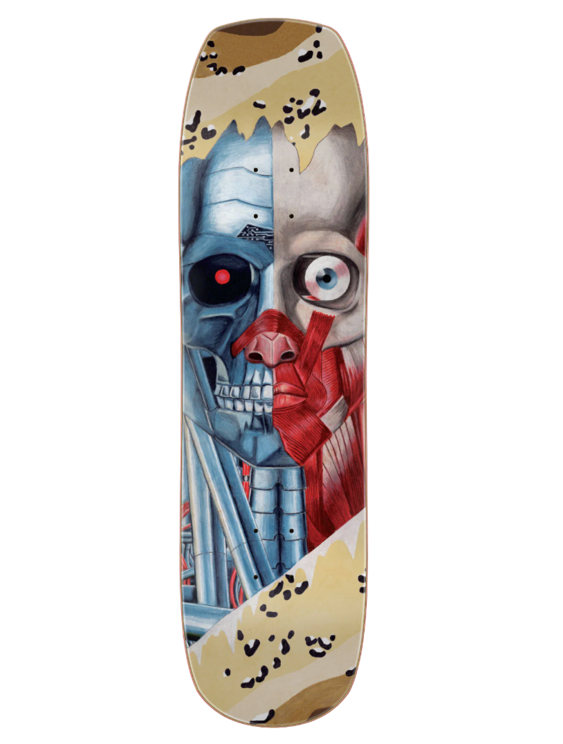 Skateboard deck with a split design of a skull and a mechanical face on a desert camo background