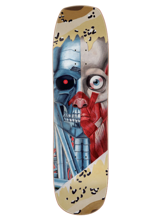 Skateboard deck with a split design of a skull and a mechanical face on a desert camo background