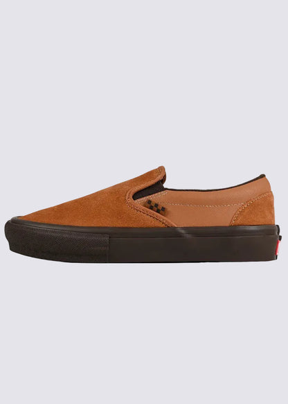 Brown slip-on sneaker with black sole on a light gray background